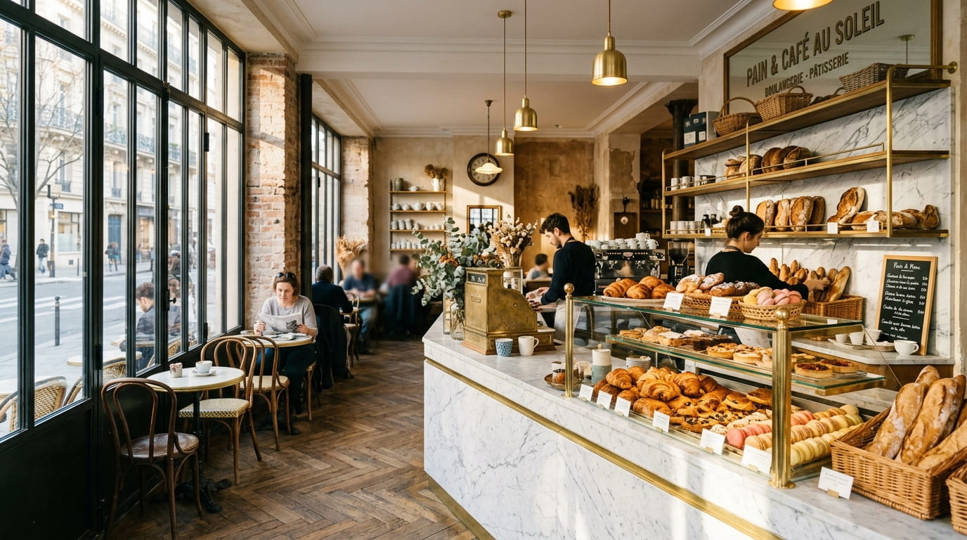 Sun-drenched marble bakery counter with fresh viennoiserie and espresso