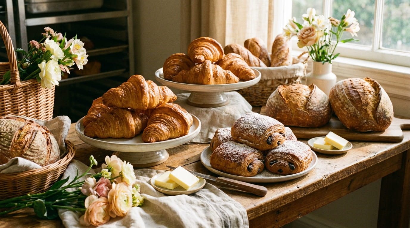 Handcrafted golden sourdough croissants and rustic boules on bakery table