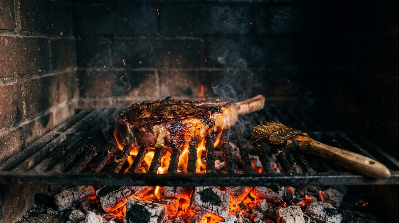 Sizzling prime steak over white oak glowing hearth fire