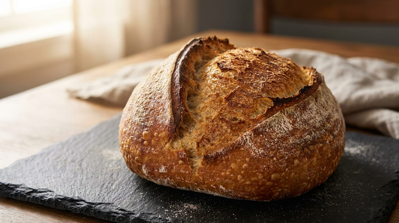 Freshly baked artisan sourdough loaf on stone counter