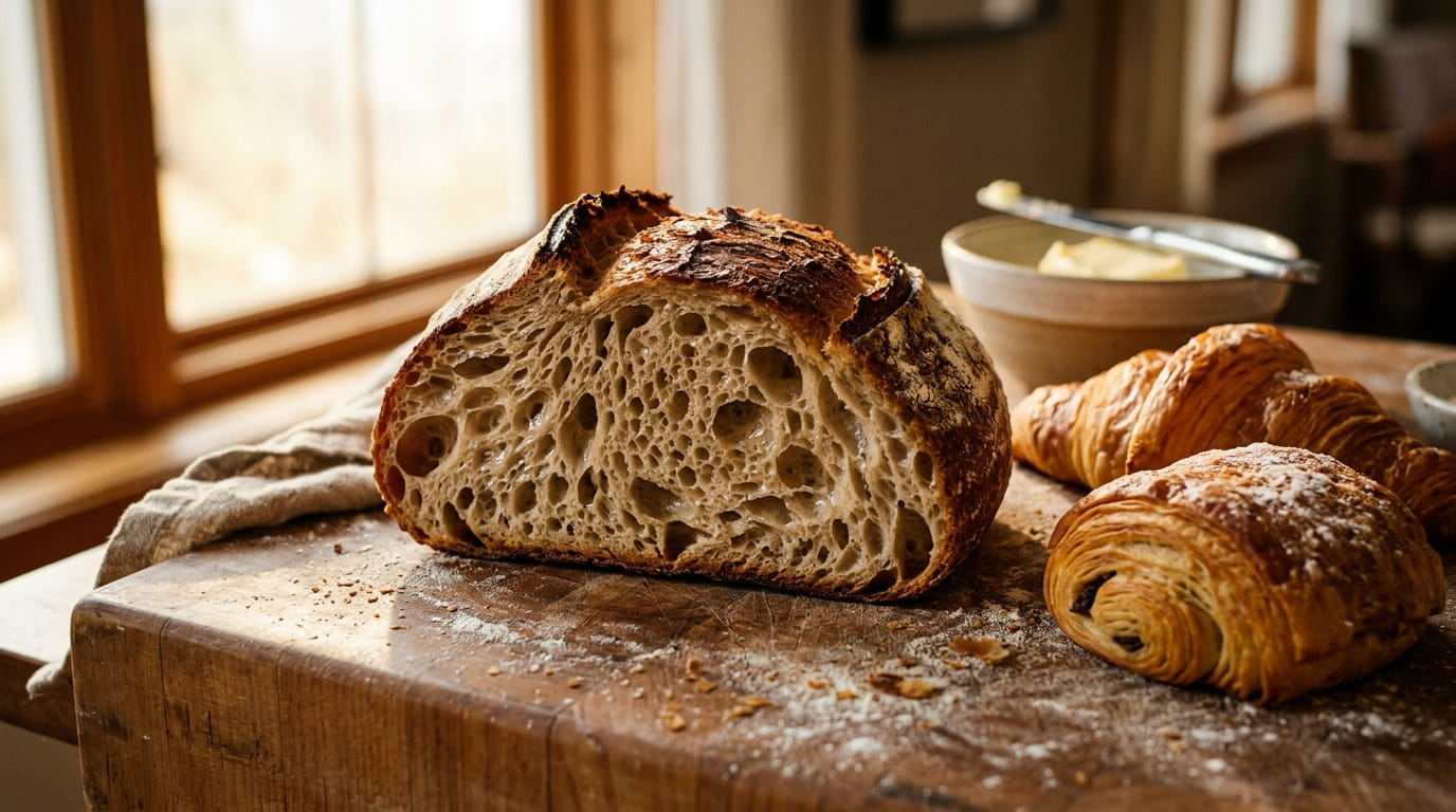 Handcrafted sourdough boules and croissants